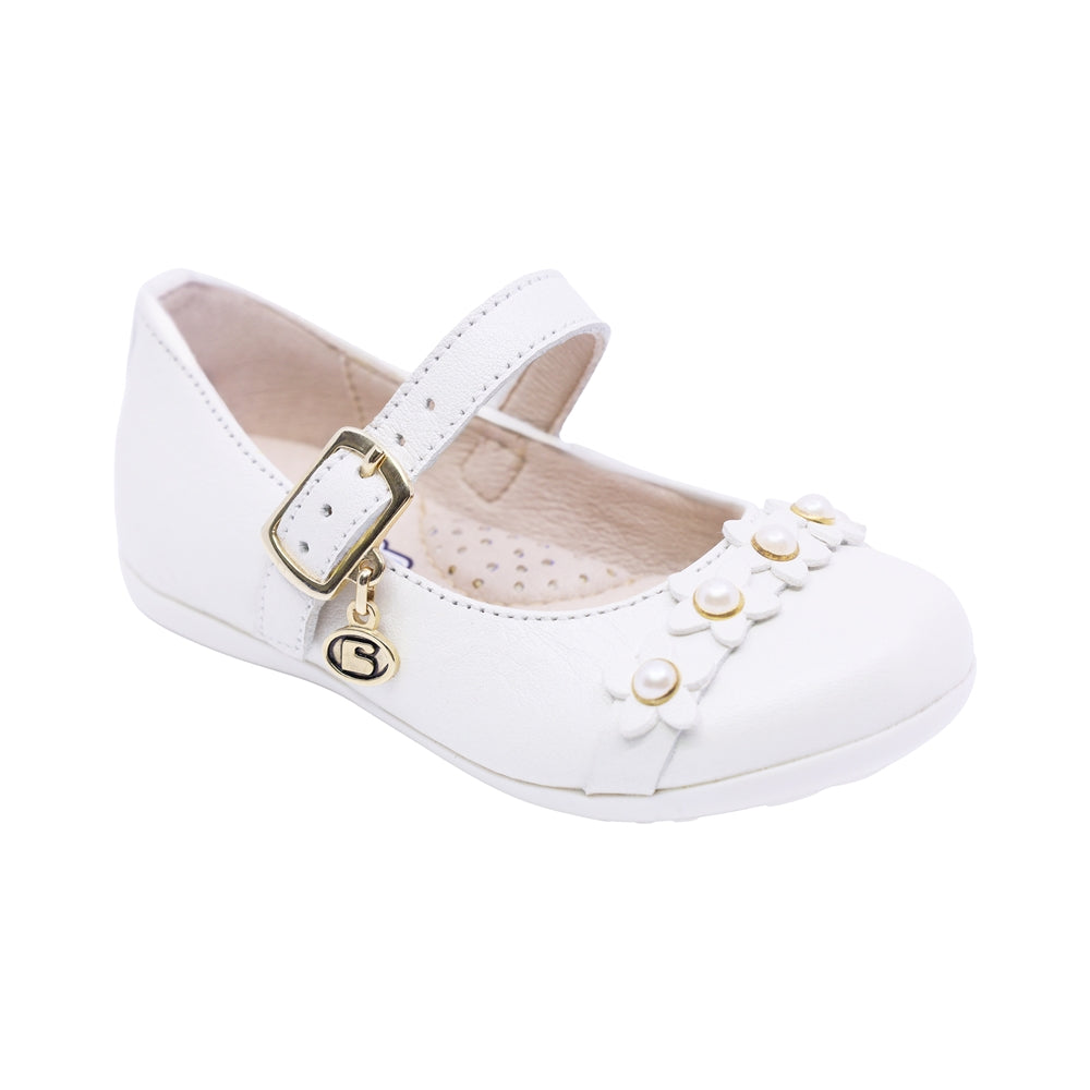 Balerina de piel para niña preescolar con florecitas color Perla 123208