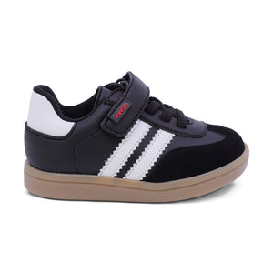 Tenis para niño preescolar color negro con franjas blancas y tira de contacto 134901