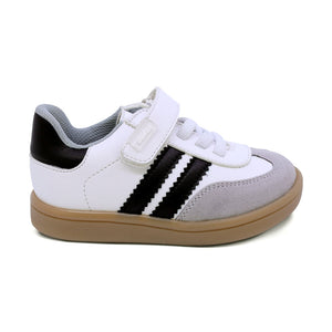 Tenis para niño preescolar color blanco con franjas negras y tira de contacto 134901