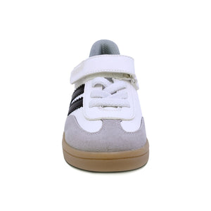 Tenis para niño preescolar color blanco con franjas negras y tira de contacto 134901