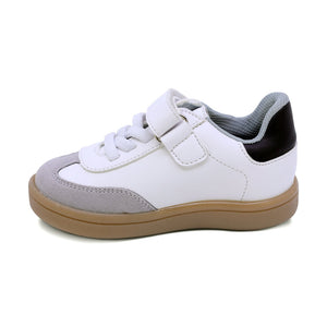 Tenis para niño preescolar color blanco con franjas negras y tira de contacto 134901