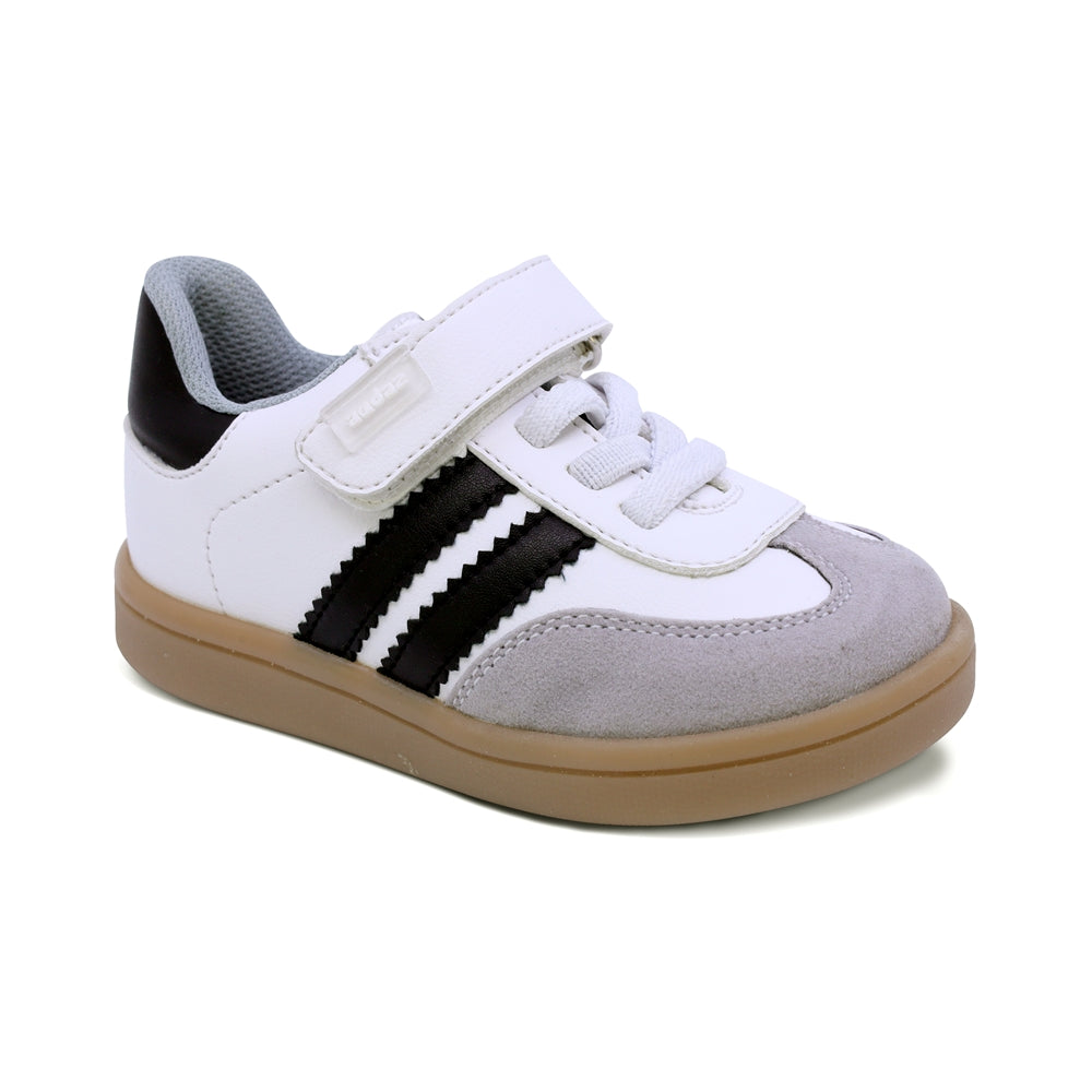 Tenis para niño preescolar color blanco con franjas negras y tira de contacto 134901