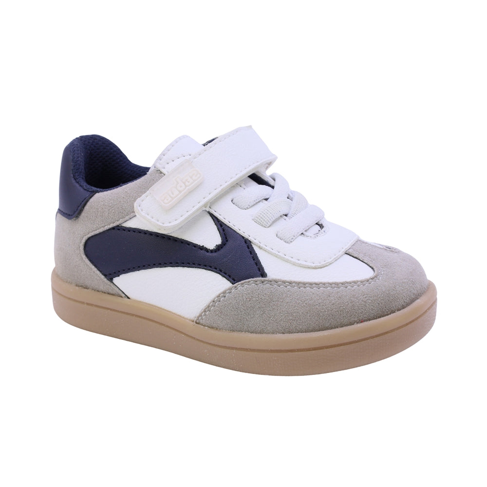 Tenis para niño preescolar color blanco con detalles en azul y tira de contacto 134902