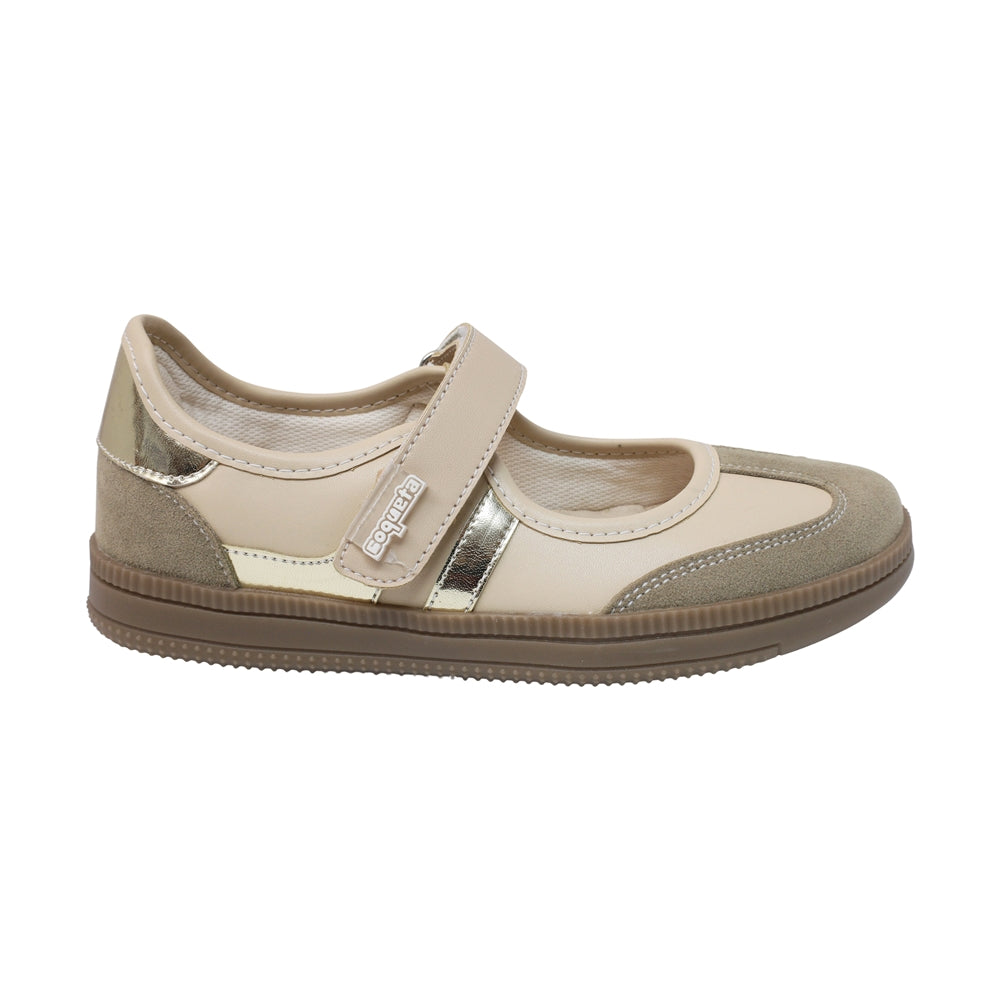 Sneakerinas para niña color arena con franjas doradas y tira de contacto 142800