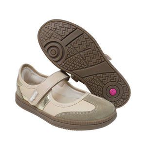 Sneakerinas para niña color arena con franjas doradas y tira de contacto 142800