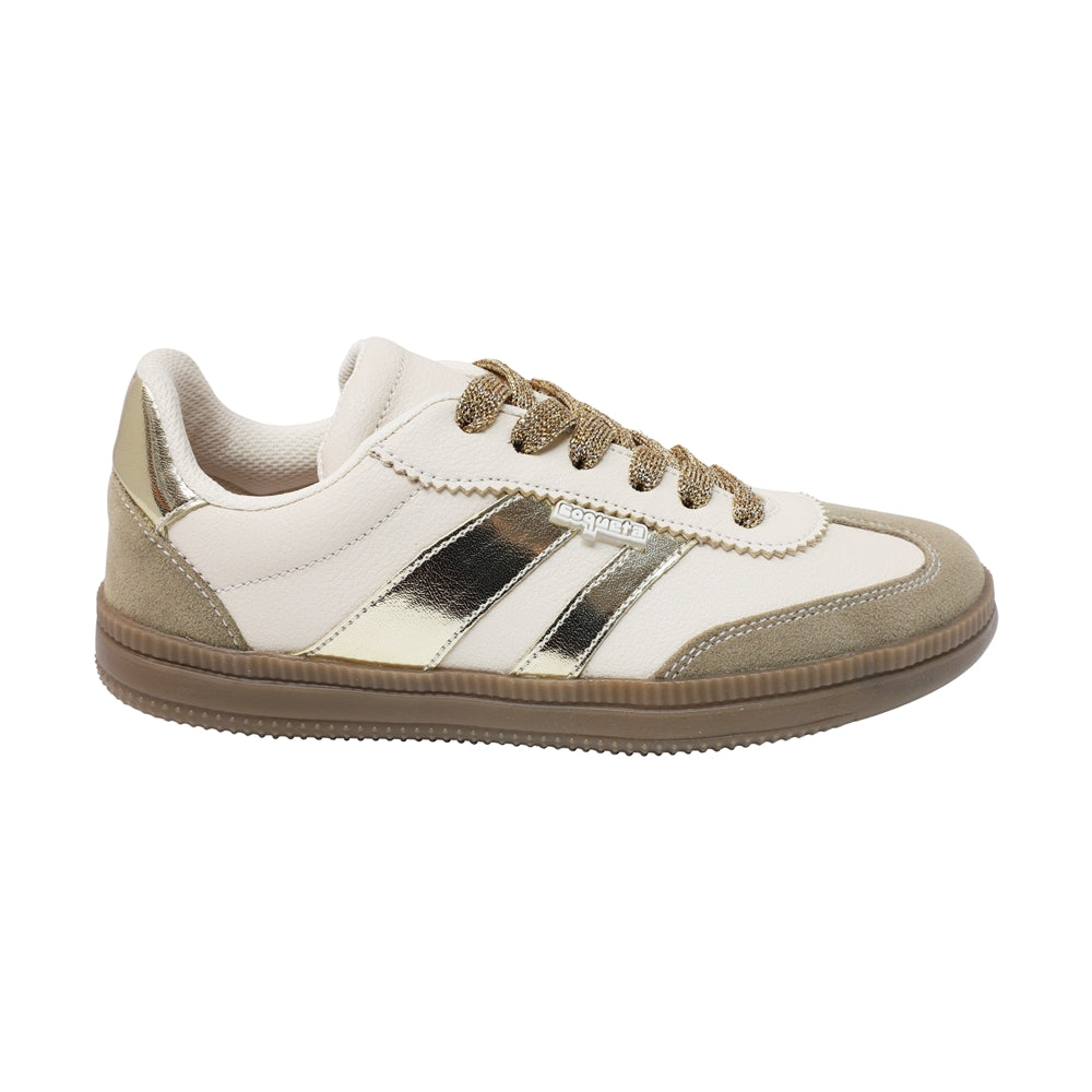 Tenis para niña color beige con franjas doradas y agujeta 142802