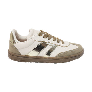 Tenis para niña color beige con franjas doradas y agujeta 142802