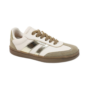 Tenis para niña color beige con franjas doradas y agujeta 142802