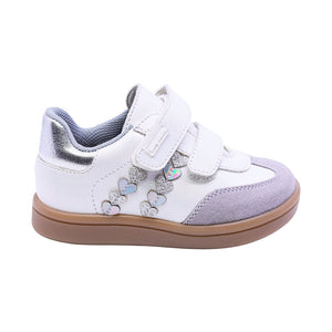Tenis para niña preescolar color plata con tira de contacto y corazones 155000