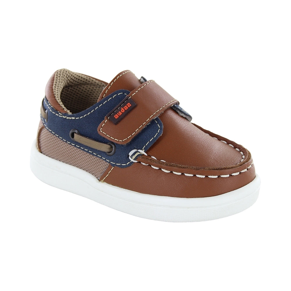 Mocasín náutico de piel para niño preescolar color miel con tira de contacto 158918