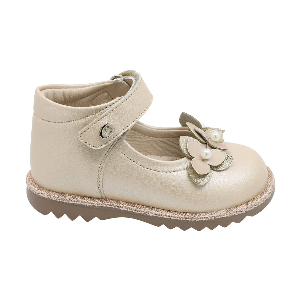 Zapato de piel para niña preescolar color beige con aplicación floral 181509