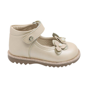 Zapato de piel para niña preescolar color beige con aplicación floral 181509
