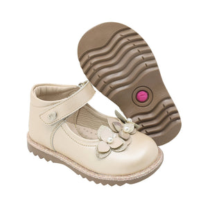 Zapato de piel para niña preescolar color beige con aplicación floral 181509