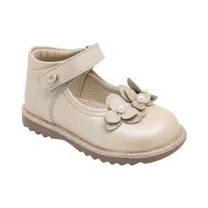 Zapato de piel para niña preescolar color beige con aplicación floral 181509
