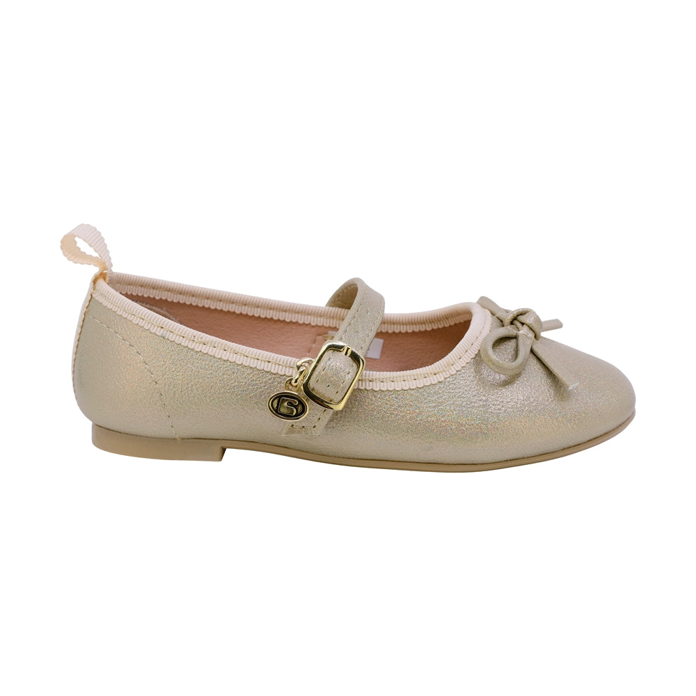 Balerinas para niña color oro con moñito frontal y hebilla 188601