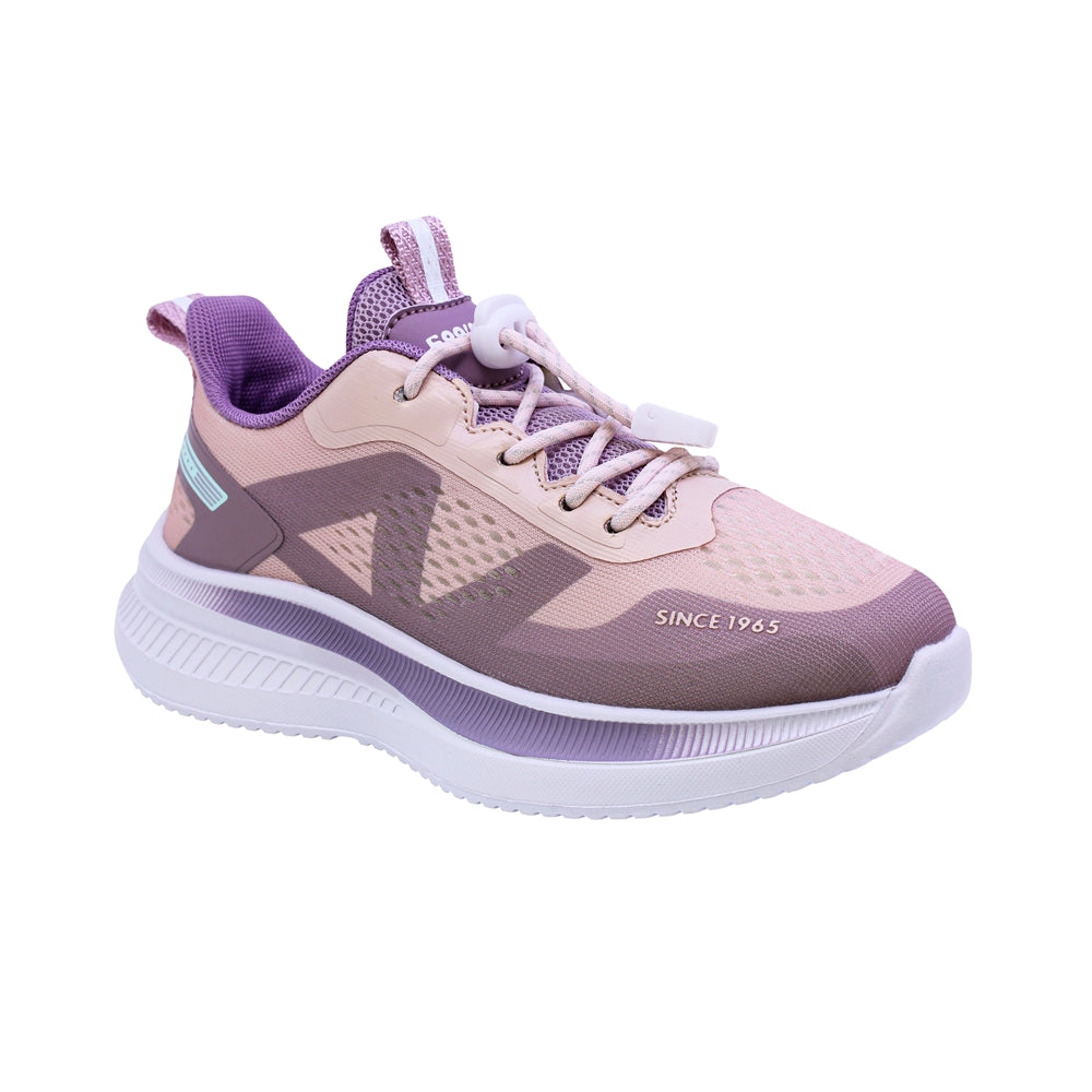 Tenis para niña color beige con detalles lila y cinta elástica 203303