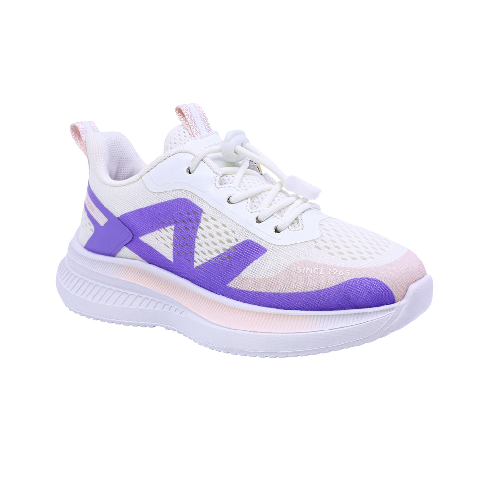 Tenis para niña color blanco con detalles lila y agujeta elástica 203303