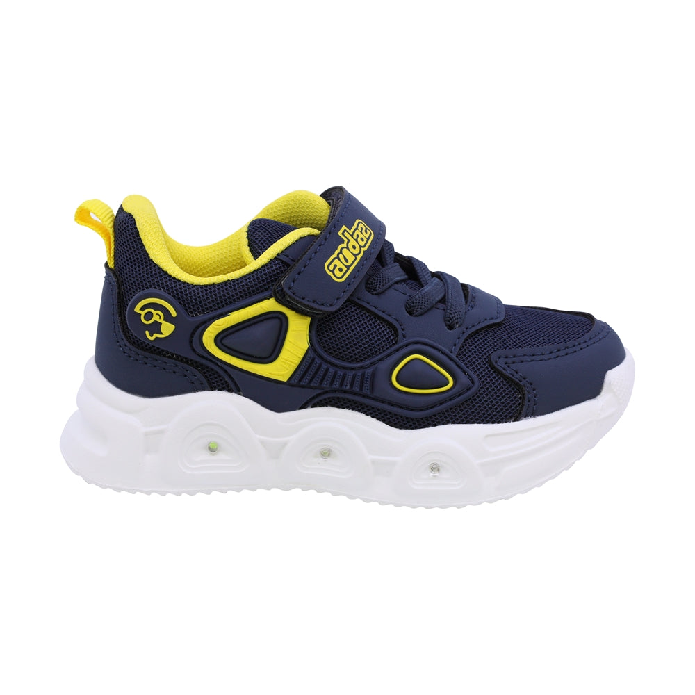 Tenis para niño preescolar color azul con detalles amarillo y luces 206502