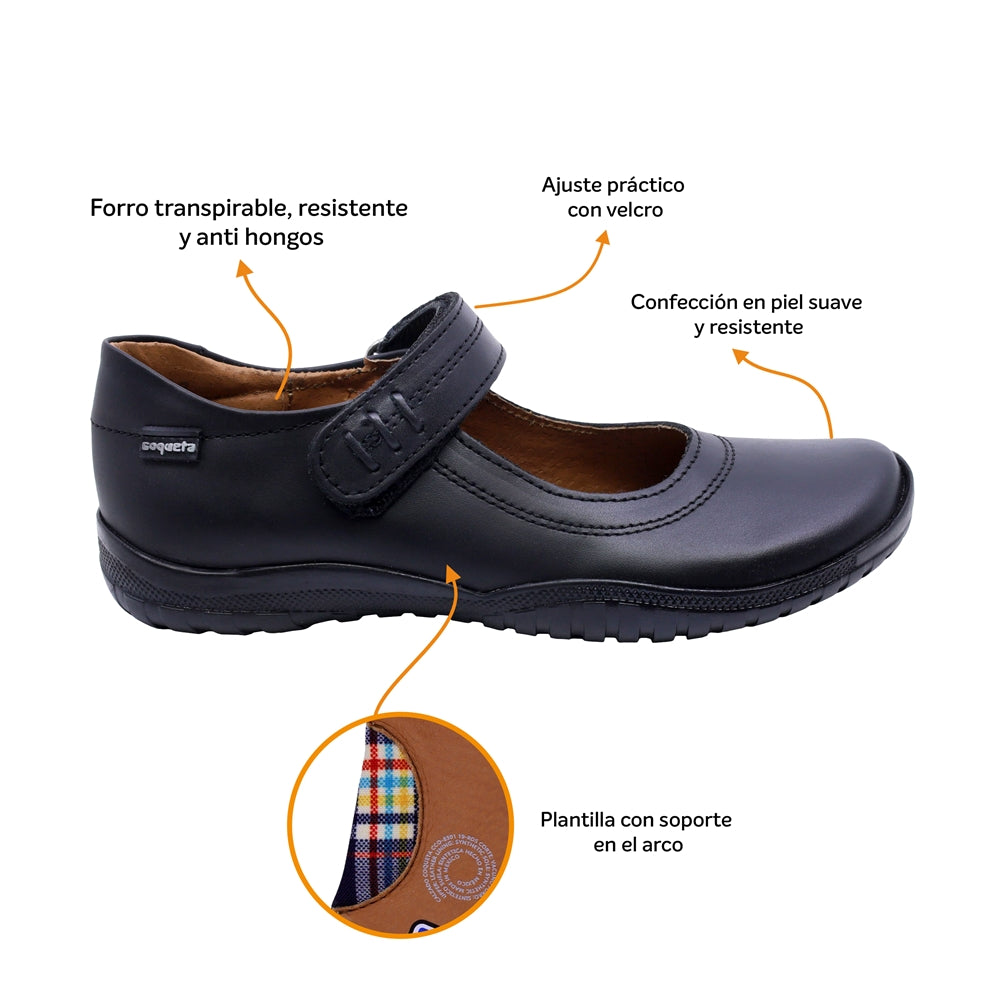 Zapato Escolar de piel para niña color negro con tira de contacto 38700