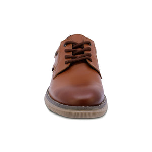 Zapato de piel para niño color miel con agujeta y detalles de color en la punta 435500