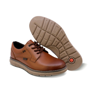 Zapato de piel para niño color miel con agujeta y detalles de color en la punta 435500