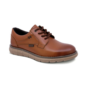 Zapato de piel para niño color miel con agujeta y detalles de color en la punta 435500