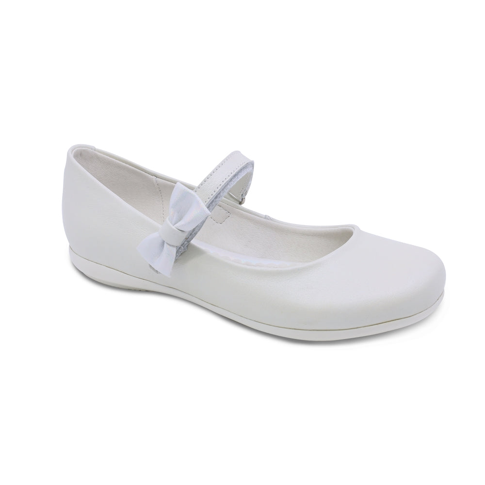 Balerinas de piel para niña color perla con tira de contacto y moñito 45103