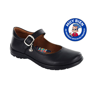 Zapato Escolar de piel para niña color negro con hebilla y dije lateral 54402
