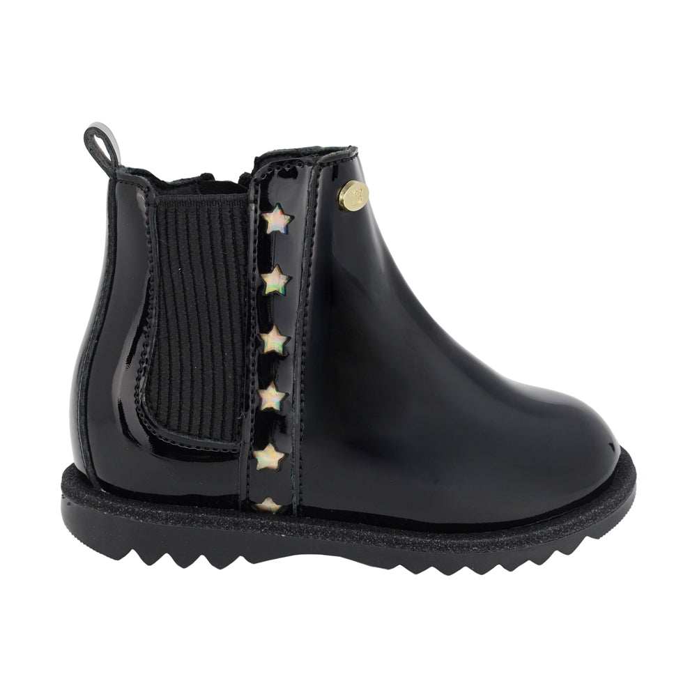 Botas de charol para niña preescolar color negro con elástico y estrellas lateral 94704