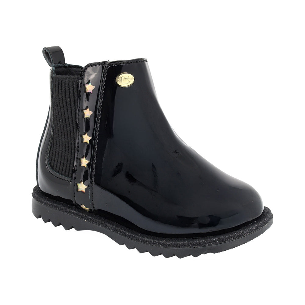 Botas de charol para niña preescolar color negro con elástico y estrellas lateral 94704