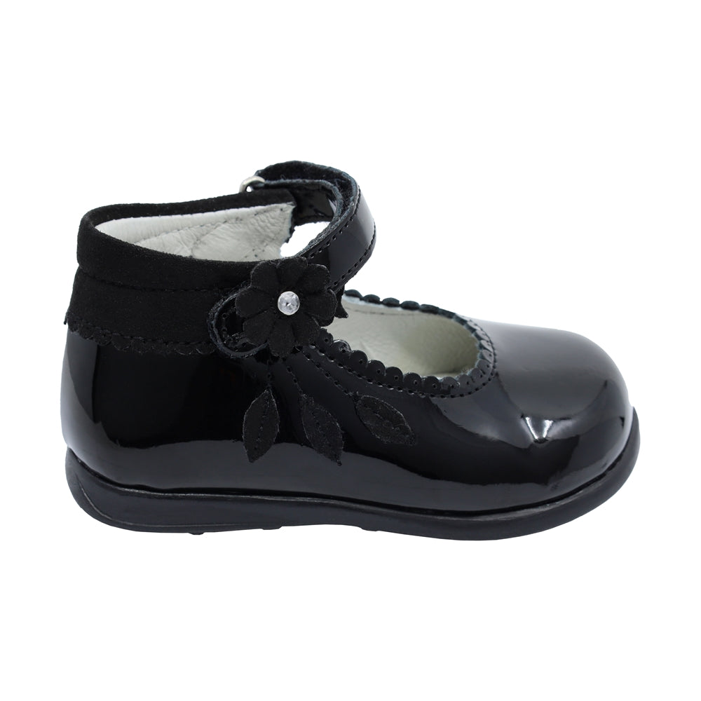 Zapatitos Mary Jane de charol para bebé niña Color Negro con florecita 950502