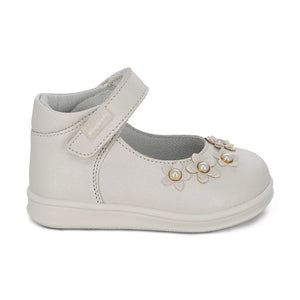 Zapatitos Mary Jane Softy de piel para bebé niña Color Perla con florecitas 955800