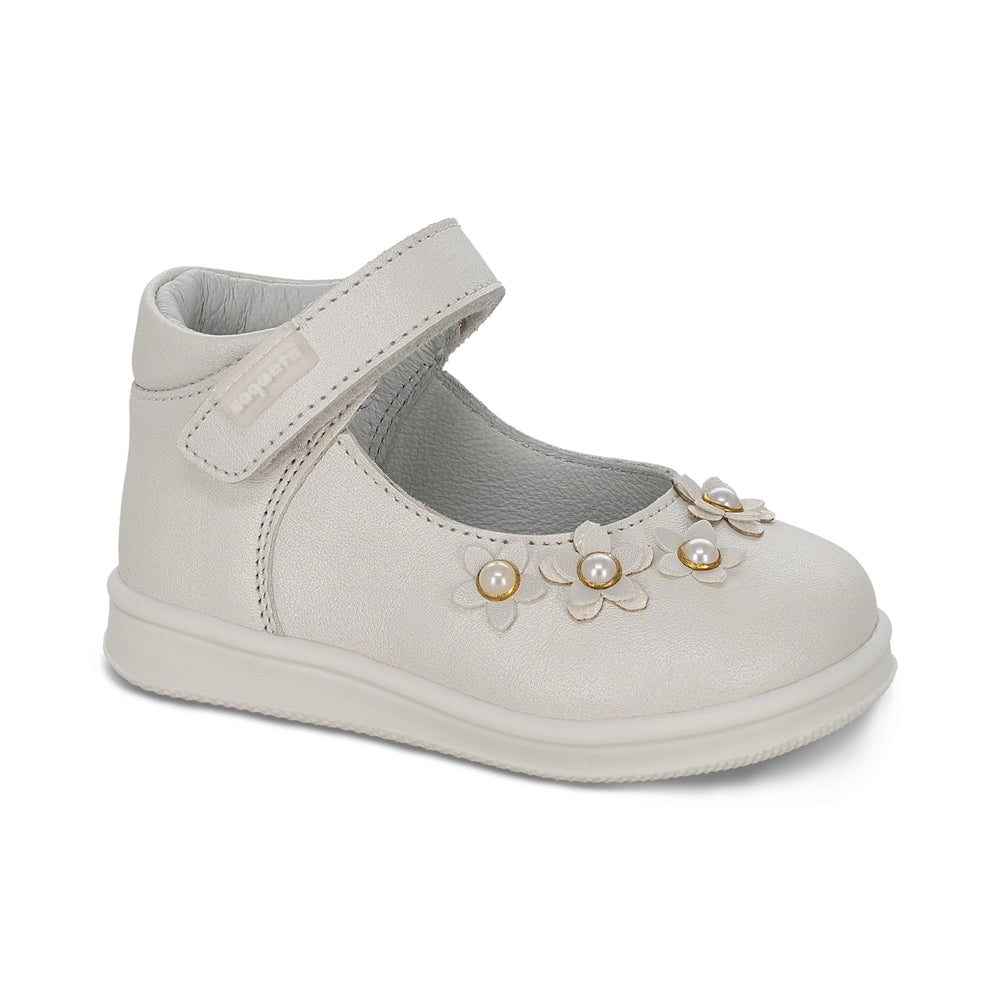 Zapatitos Mary Jane Softy de piel para bebé niña Color Perla con florecitas 955800