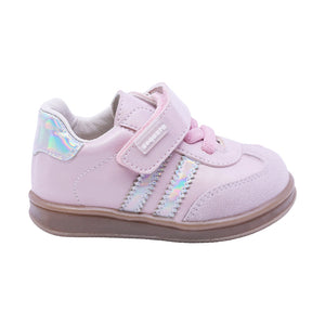 Tenis casual para bebé niña color Rosa con franjas Plateadas y agujeta elástica 955804