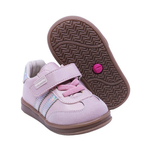 Tenis casual para bebé niña color Rosa con franjas Plateadas y agujeta elástica 955804
