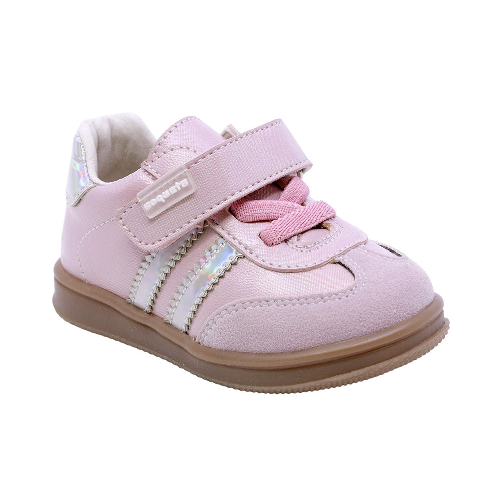 Tenis casual para bebé niña color Rosa con franjas Plateadas y agujeta elástica 955804