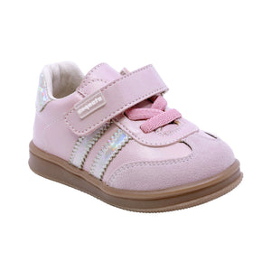 Tenis casual para bebé niña color Rosa con franjas Plateadas y agujeta elástica 955804