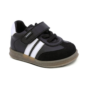 Tenis casual softy para bebé niño color Negro con franjas blancas y agujeta elástica 956303