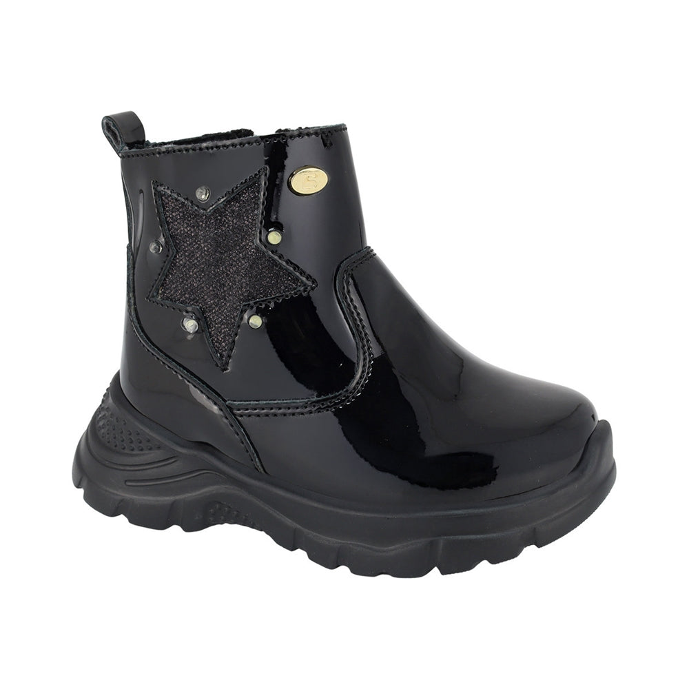 Botas de charol para niña preescolar color negro con cierre y estrella lateral 98002